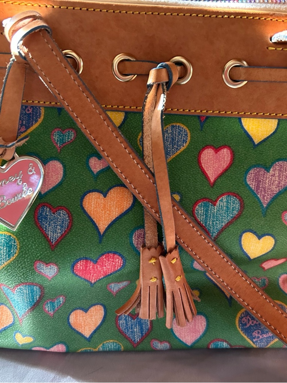 Dooney & Bourke Green Heart-Print Shoulder Bag with Brown Leather Trim